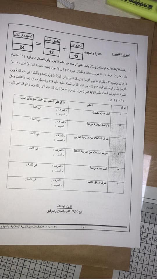 NDIxNTUwMQ64648 صور نموذج A وكالة امتحان التربية الاسلامية النهائي للصف التاسع الفصل الاول 2020